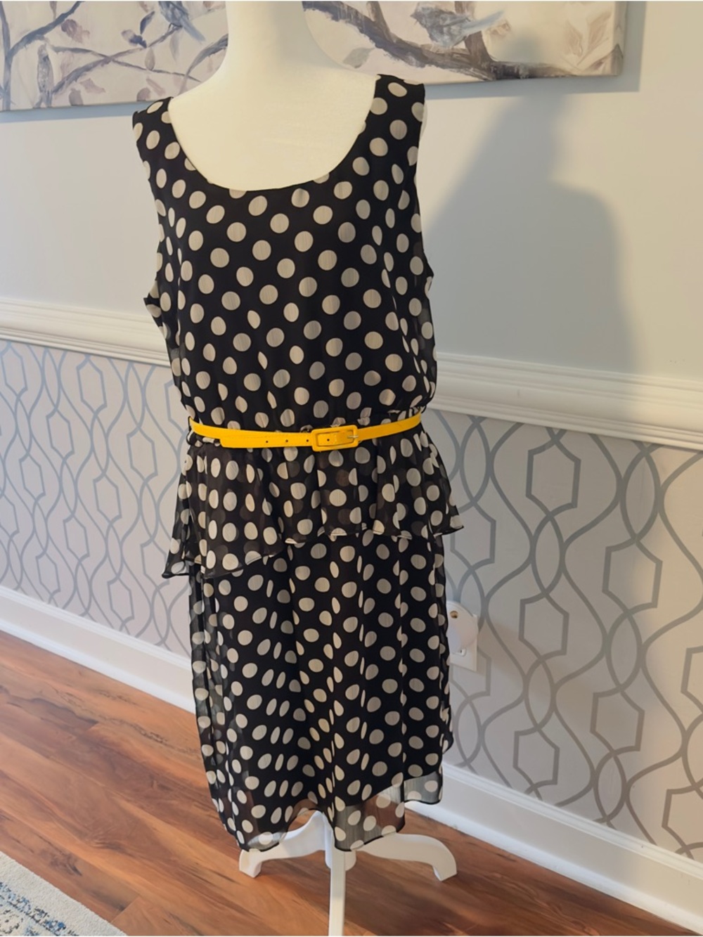 MSK Black and White Polka Dot Sleeveless Dress & Yellow Belt Ruffled Middle SZ16